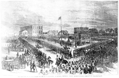 De executie van Sioux-indianen door de Amerikaanse autoriteiten in Mankato, Minnesota op vrijdag 26 december 1862, uit Frank Leslies Illustrated Newspaper, 24 januari 1863 door American School